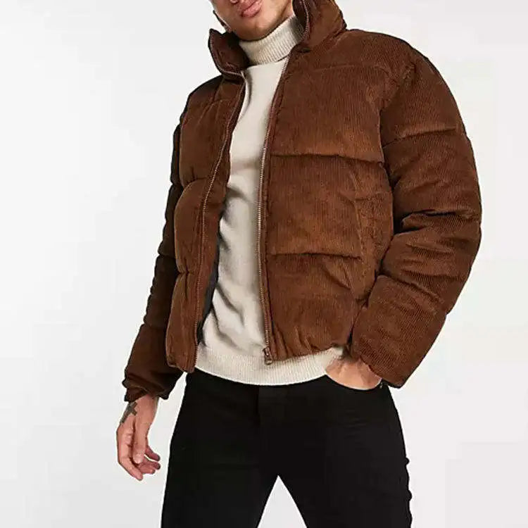 Custom Logo Plain Brown Thick  Padded Puffer Corduroy Coat Jackets