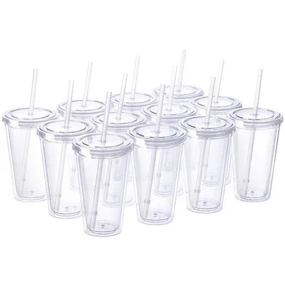 Clear Reusable Tour Ice Water Bottle Coffee Mug 16oz Double Wall Acrylic Plastic Tumblers Cup With Straw