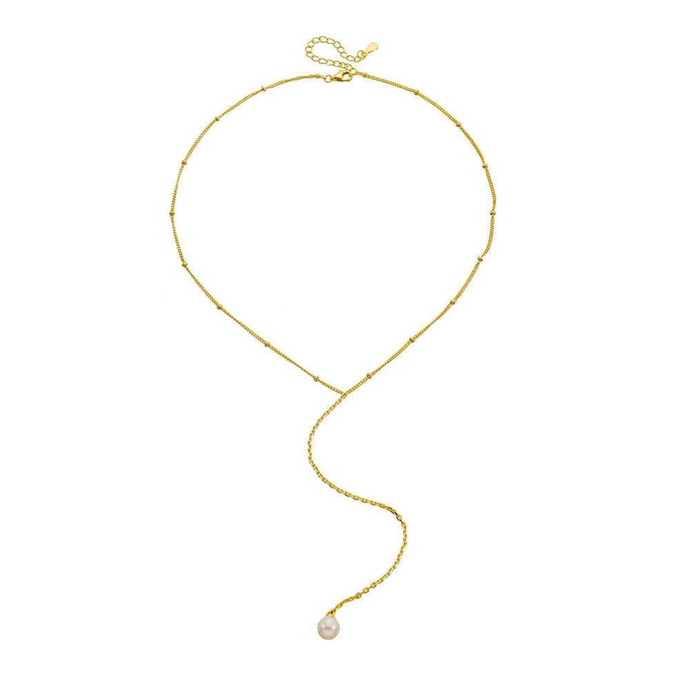 KN4093 Peishang Wholesale Jewelry 925 Sterling Silver Gold Plated Y Bezel Lariat Bead Chain Natural Freshwater Pearl Necklace