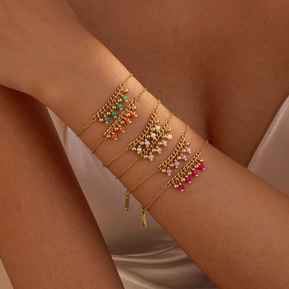 Summer Bohemian Colorful Natural Stone Gold Beads Chain Bracelet Stainless Steel Charm Gold Plated Fashion Jewelry