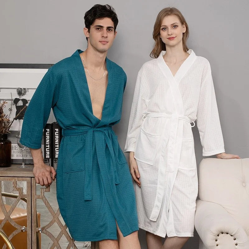 Summer Spring Autumn Casual Knee Length ODM Waffle Fabric Home Hotel Sauna Spa Women Men Couple Long Robe Bathrobe