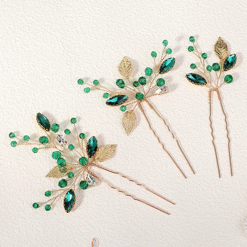 Handmade Bride Hairpin Rhinestone Leaves Wedding U Shape Hair Pin Set Women Bridal Prom Jewelry 3 Pieces Set