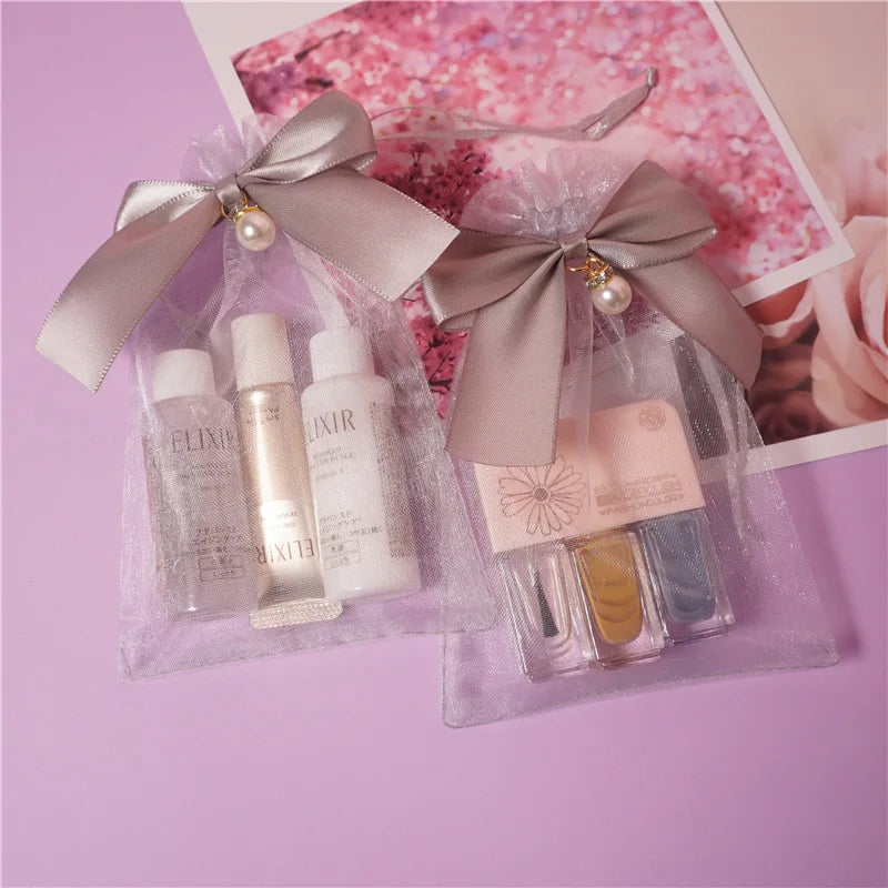Cosmetic Packing Bag Drawstring Organza Pouch With Ribbon Bow and Pearl for Gifts Packaging