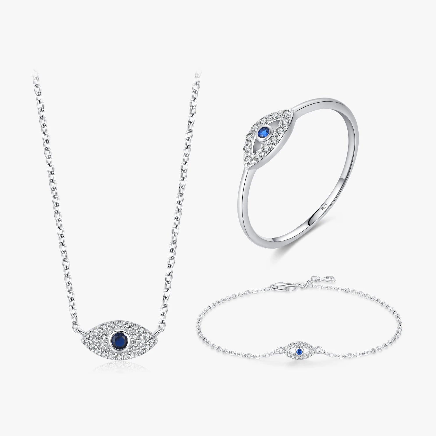 Fashion Rings Necklace Bracelets Accessories 925 Sterling Silver Delicate Trendy Blue Evil Eyes Fine Jewelry Sets for Women