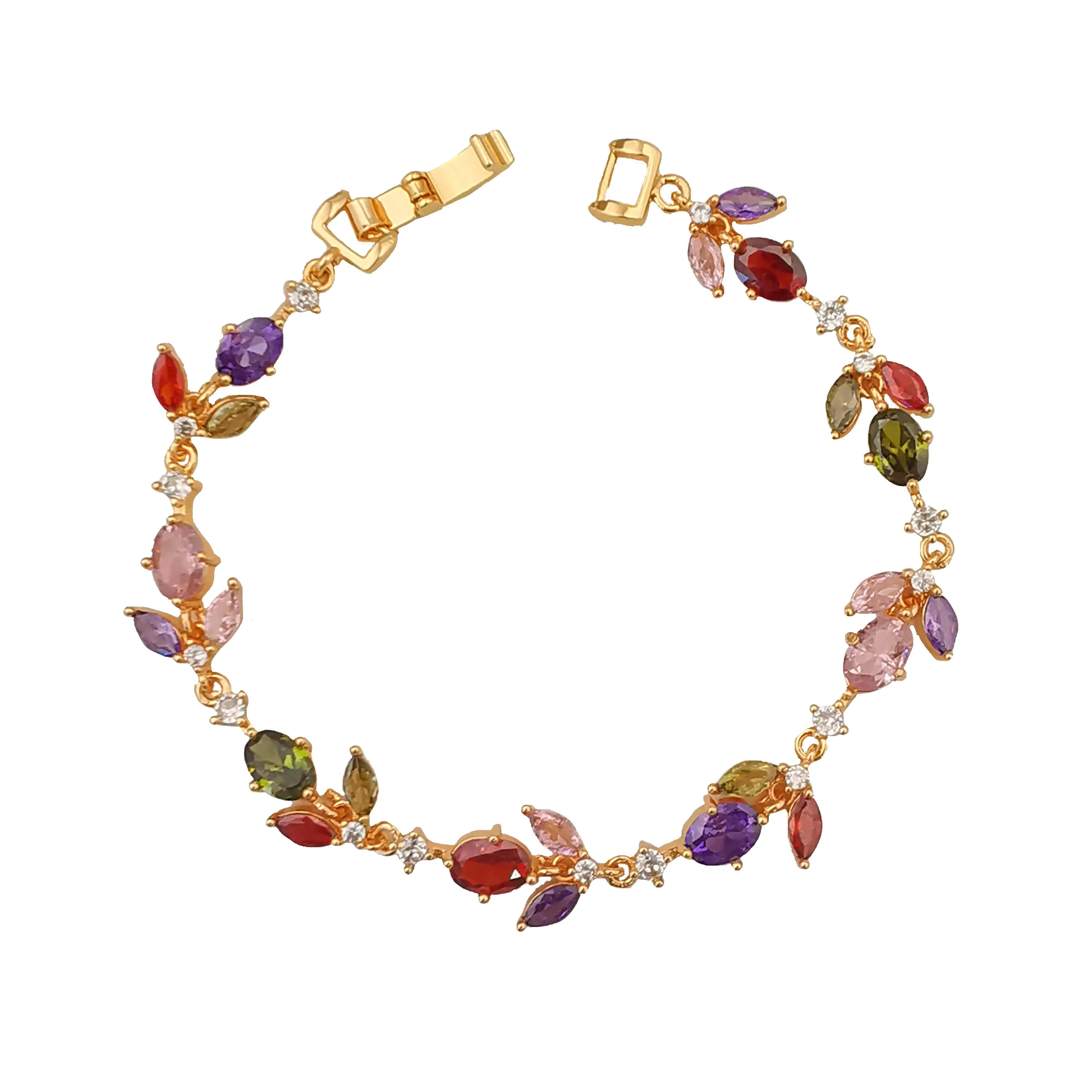 Multi Color Leaf Shape Fashion Colorful Diamond Round Bracelet Rose Gold White Gold Plated Luxury CZ Bracelet for Women
