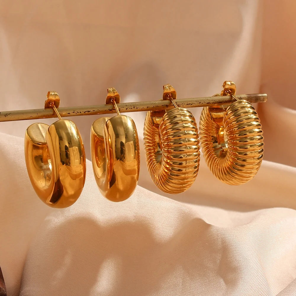 Drop Ship Hollow Out Chunky Hoop Earring 18K Gold Plated Stainless Steel Jewelry Water Proof Gold Hoop Earrings