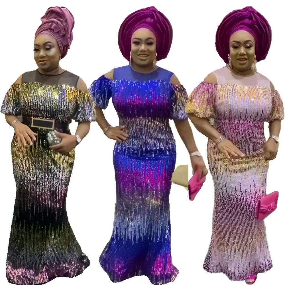 Favourite Africa Dress for Women Sequin Ghana Dress Styles Elastic Force African Dresses