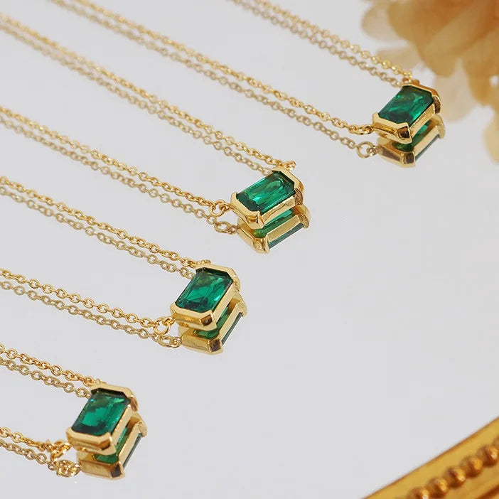 18k Gold Plated Stainless Steel Cable Chain Jewelry Green Cubic Zirconia Rectangle Pendant Necklace