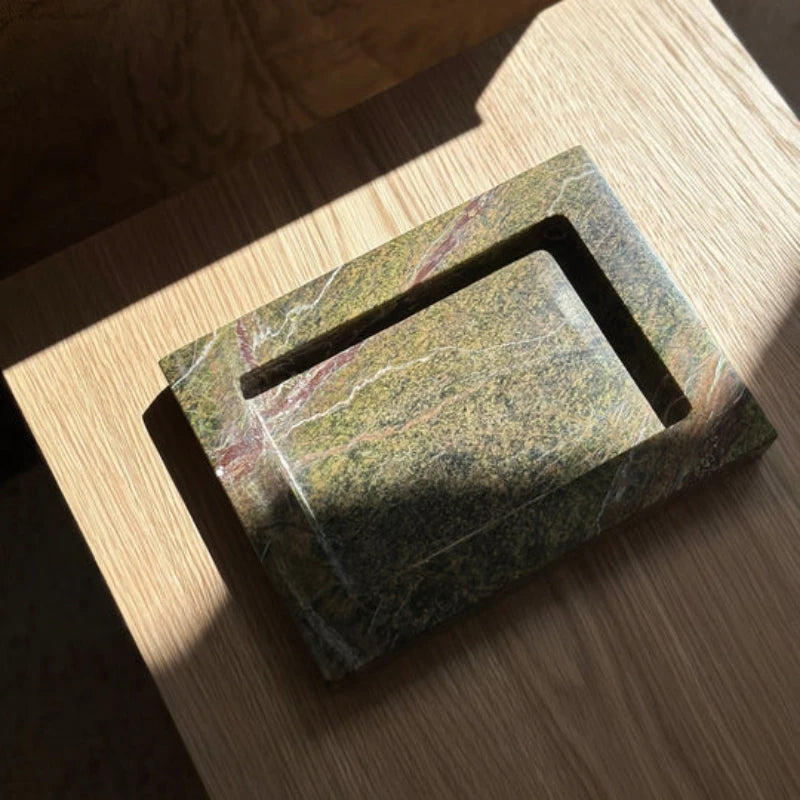 Stonekocc 20x15x3CM Wabi-Sabi Travertine Natural Rainforest Green Marble Square Carved Single Jewelry Storage Catchall Kitchen
