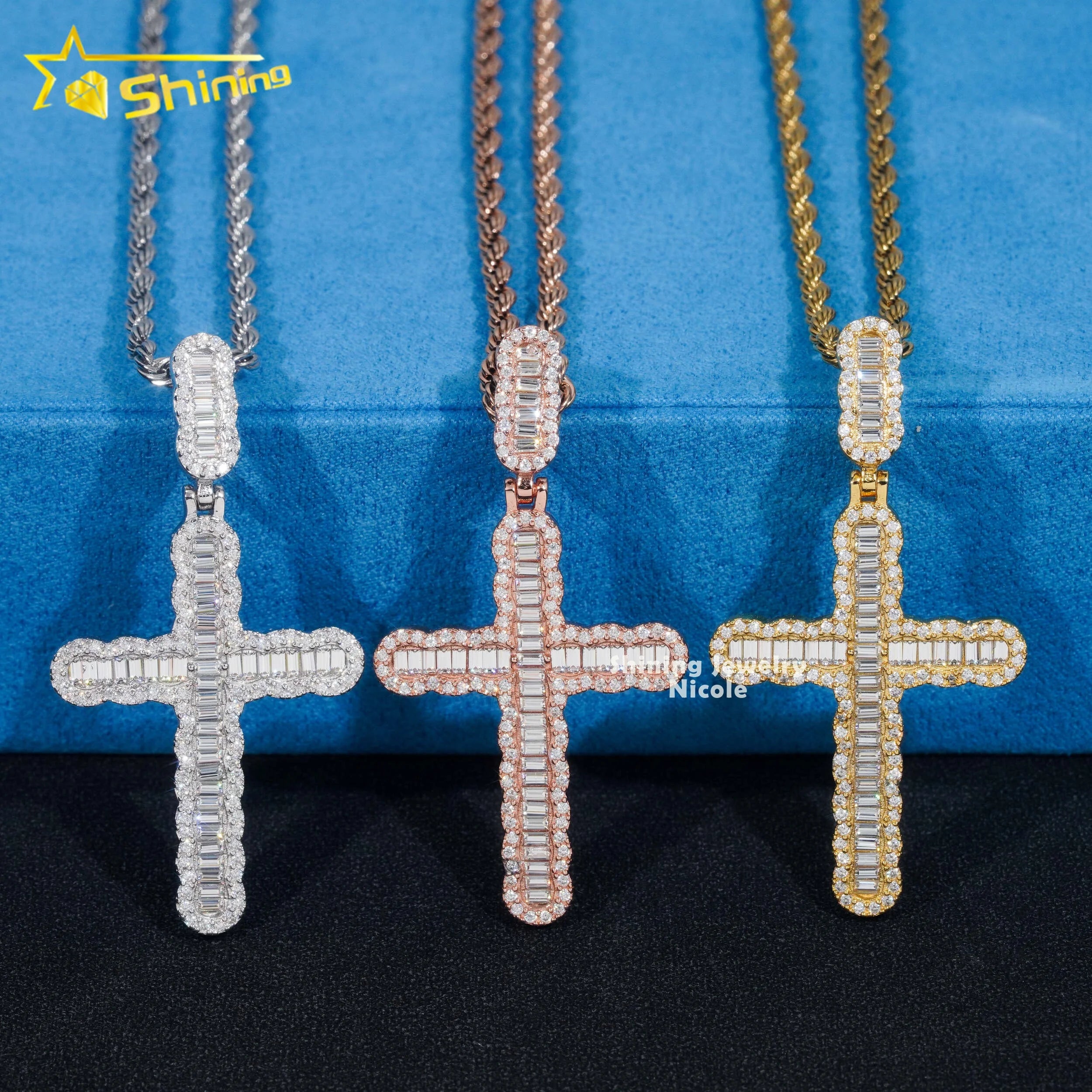 Ready to Ship Wholesale Hip Hop Jewelry 925 Sterling Silver Baguette VVS Moissanite Cross Pendant