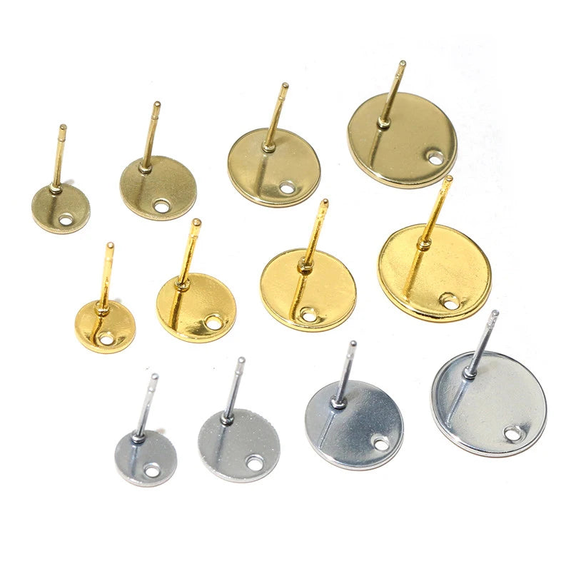 20pcs 6/8/10/12mm 316 Stainless Steel Gold Plated Pin Findings Stud Earring With Hole Connector for DIY Jewelry Making Supplies