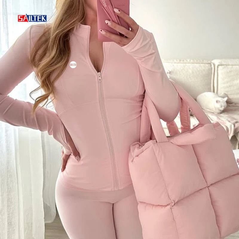 Sports Set Clothing Manufacture Custom Pink Workout Fitness 2 Piece Leggings Set Yoga Jacket and Leggings Set Women