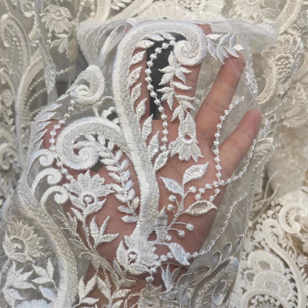 French White Bridal Wedding Dress Fabric 3D Beads Mesh Lace Sequins Tulle Fabric With Pearls African Embroidery Luxury Lace