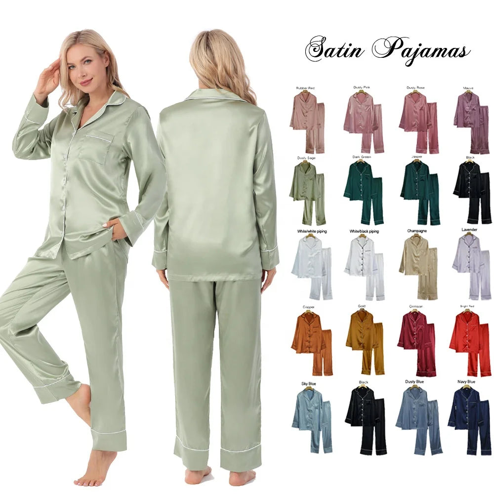 Hot Sale 18 Colors in Stock for Woman Pyjamas Long Sleeve With Pants Women's Pijamas Silk Satin Two Piece Pajamas Sets