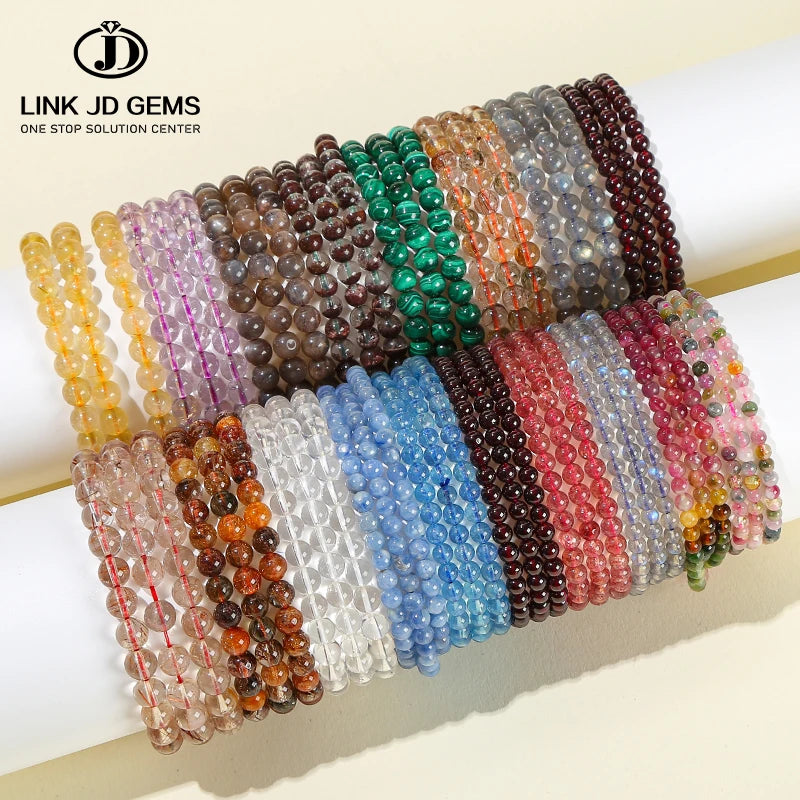 JD GEMS Semi Precious Gemstone Stretch Bangles Collection Natural Quartz Moonstone Agate Lapis Lazuli Multi-Layer Bead Bracelet