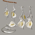 Lotus Fun Jewelry 18k Gold Plated 925 Sterling Silver Calla Lily Flower Jewelry for Women Fashion Jewelry Set