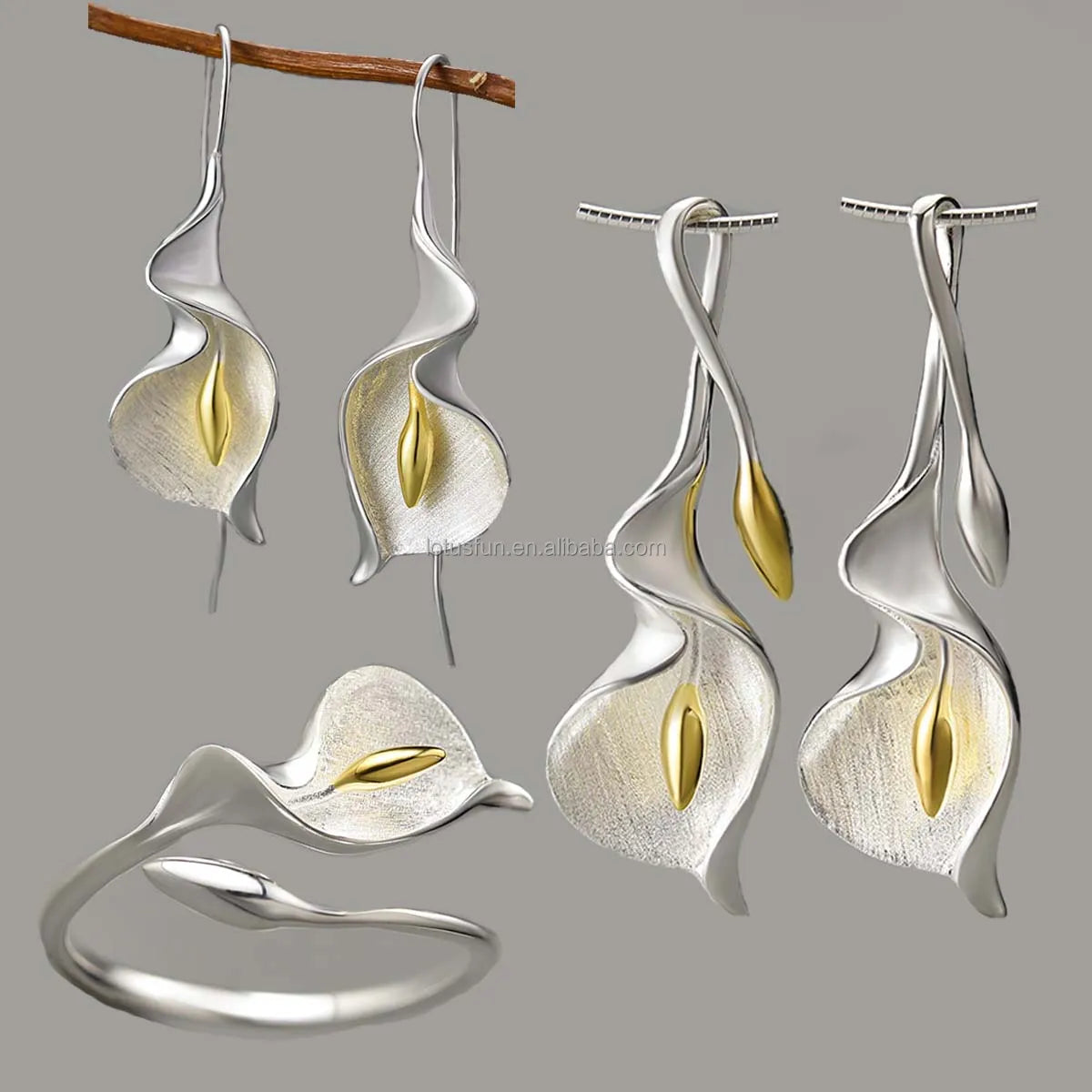 Lotus Fun Jewelry 18k Gold Plated 925 Sterling Silver Calla Lily Flower Jewelry for Women Fashion Jewelry Set
