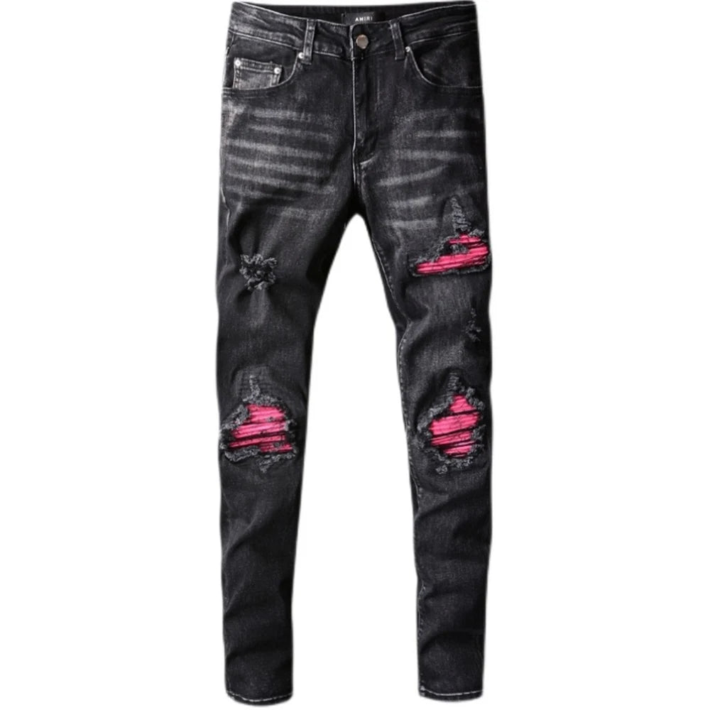 Customized Men's Destroyed Denim Skinny Jeans High Street OEM Print Pants Colored Wash Mid Distressed Holes for All 4 Seasons