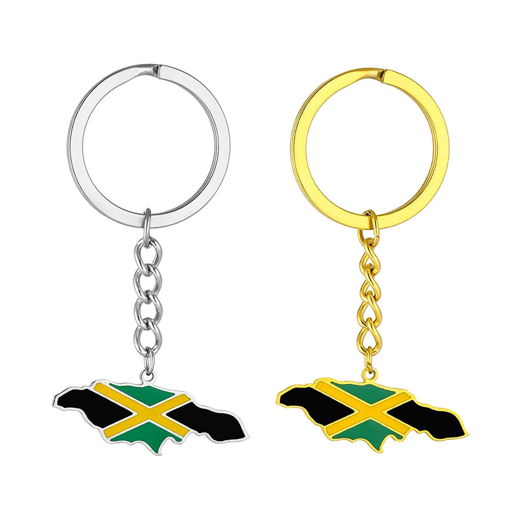 Manufacturer Enameled Jamaica Flag Charm Keychain Stainless Steel 18K Gold Plated Enamel Jamaican Map Pendant Car Key Chain