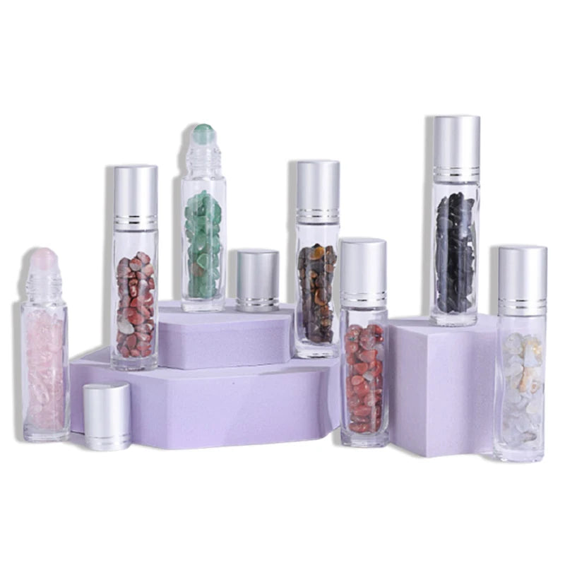 Luxury Custom Color 10ml Cylinder Sealing Gravel Colorful Stone Perfume Roll on Bottle With Gemstone Roller Logo Customized