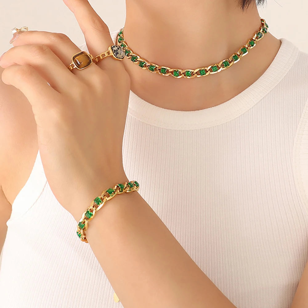 Fashion Rainbow Zircon Necklace Earring Bracelet Gold PLated Stainless Steel Zirconia Jewelry Set for Women