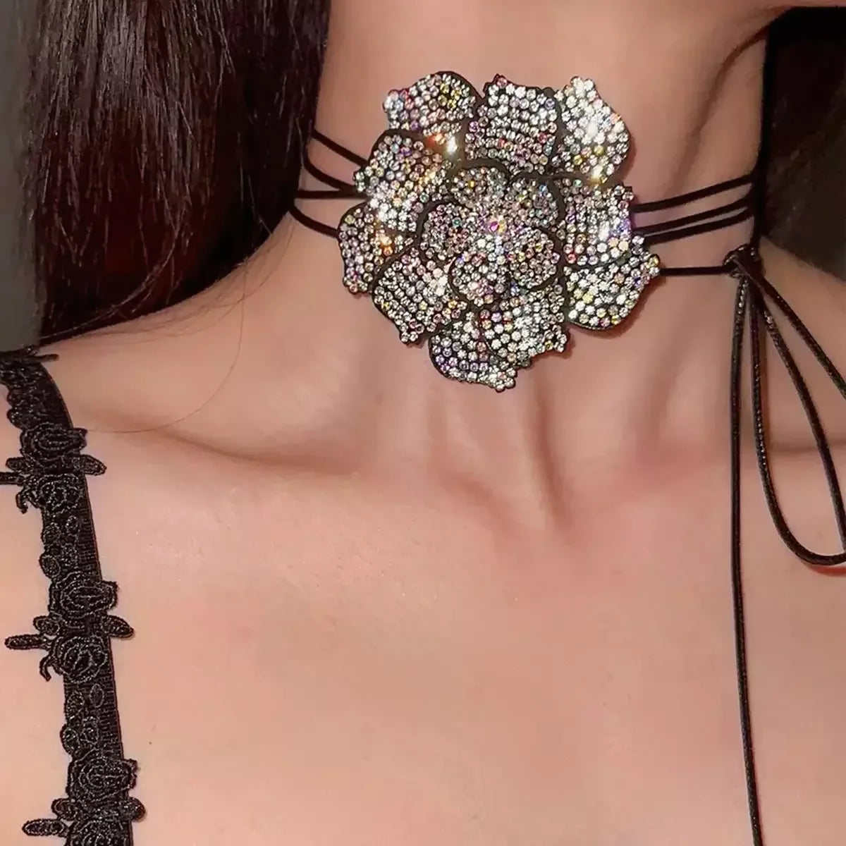 SHIXIN Exaggerated Rhinestone Big Rose Flower Clavicle Chain Necklace Women Adjustable Bowknot Rope Choker Wed Jewelry Y2K Gift