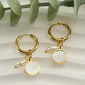 18K Gold Plated Stainless Steel Geometric Round White Shell Fresh Water Pearl Dangle Hoop Earrings