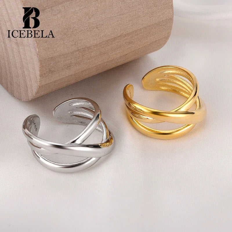 ICEBELA Jewelry Anillo De Plata 925 Triple Layered Line 18K Gold Plated Sterling Silver Minimalist Geometric Rings for Girls