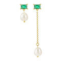 Asymmetrical Geometry Baguette CZ Oval Baroque Pearl 925 Sterling Silver Dangling Earrings