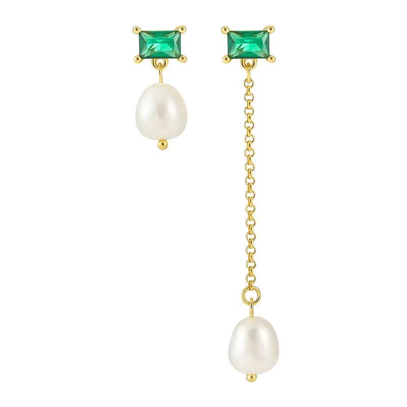 Asymmetrical Geometry Baguette CZ Oval Baroque Pearl 925 Sterling Silver Dangling Earrings