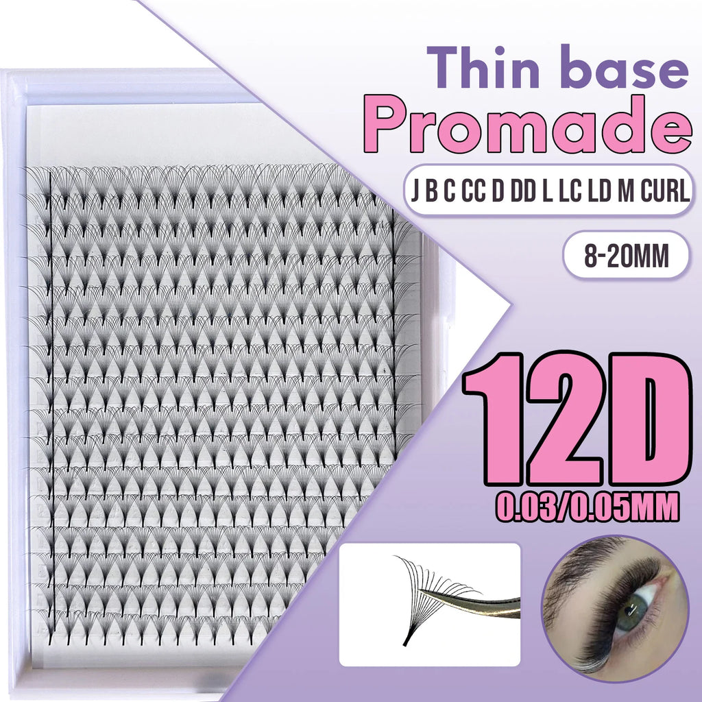 12D Promade Volume Fan Eyelash Extension 0.05 Stock Russian Wispy 0.03 0.07 C D Curl Loose Fan Long Stem Lash Trays Xxl Premade