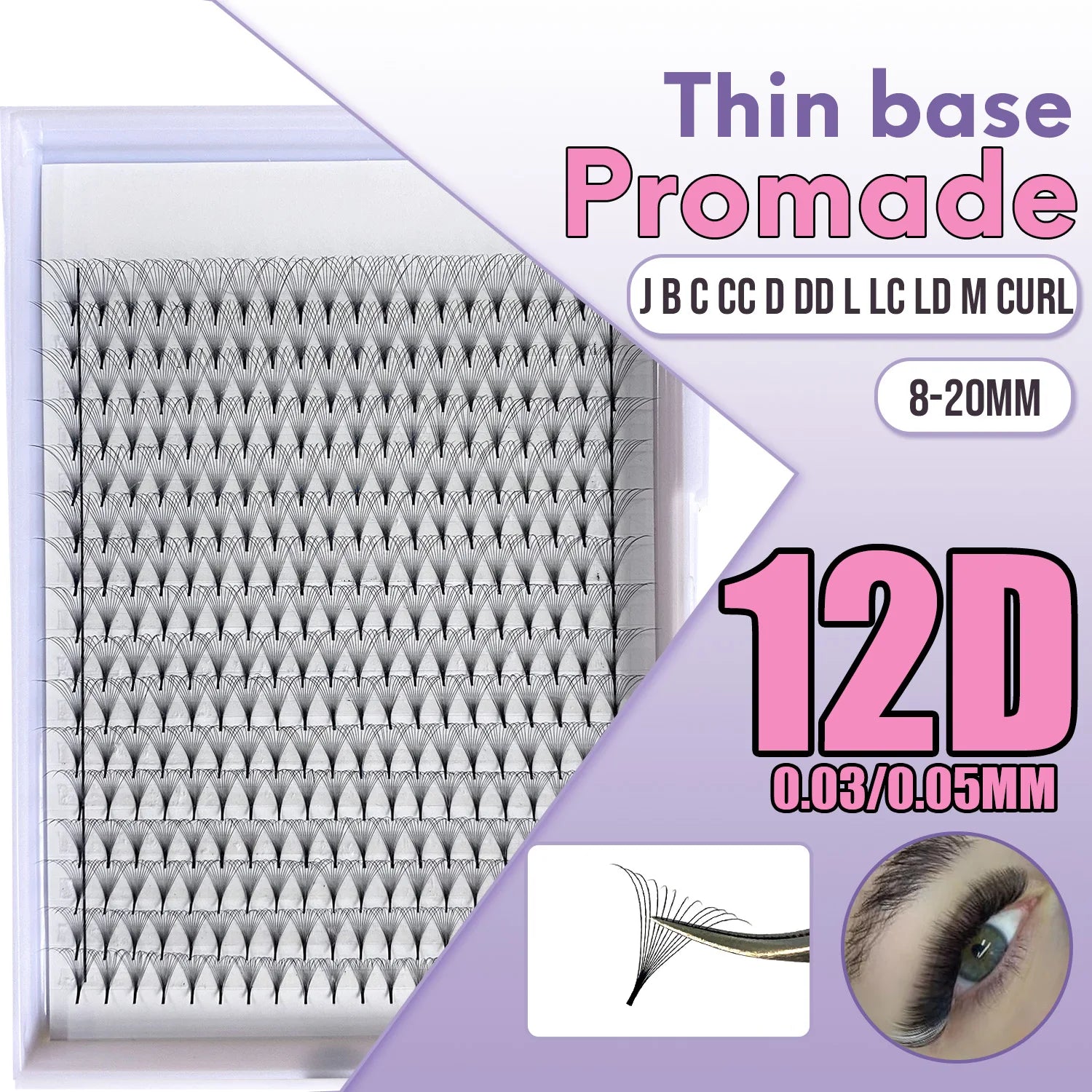 12D Promade Volume Fan Eyelash Extension 0.05 Stock Russian Wispy 0.03 0.07 C D Curl Loose Fan Long Stem Lash Trays Xxl Premade