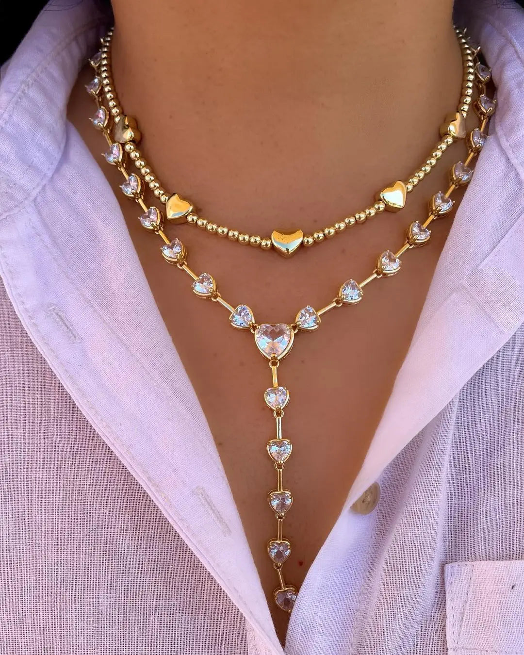 Fashion Luxury Heart CZ Tennis Link Chain Gold Plated Diamond Heart Drop Tennis Choker Necklace for Women Iced Out Jewelry