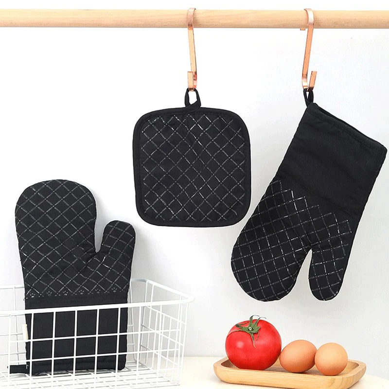 2pcs/Set Thick Grid Oven Mitts Pot Holders Kitchen High Heat Resistant Silicone Microwave Baking Cotton Cloth Oven Gloves
