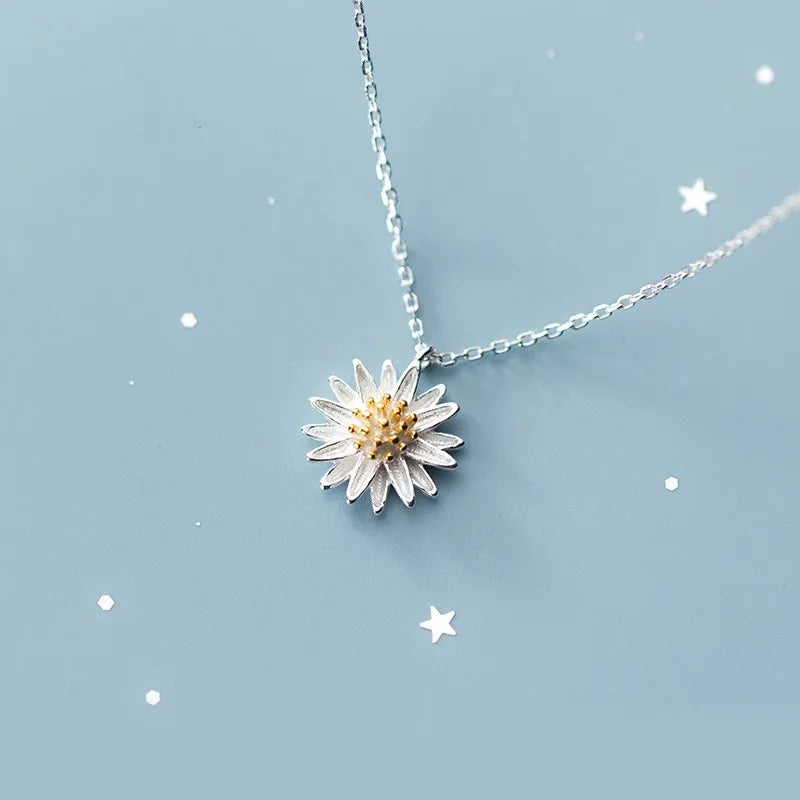 925 Sterling Silver White Daisy Flower Shape Pendant Statement Link Chain Collar Necklaces Fashion Jewelry for Women