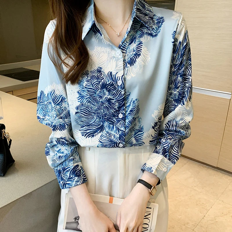 6 Colours Elegant Satin Long Sleeve Blouses Women Vintage Silk Satin Shirt Women Casual Loose Button up Female Shirts Tops