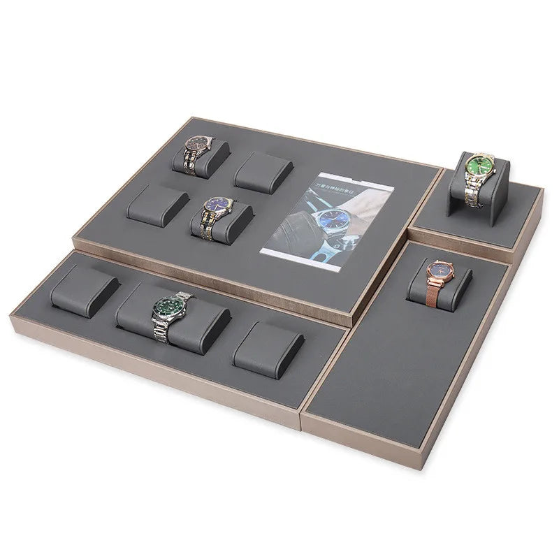 Custom Design Wholesale Beige Gray PU Leather Watch Display Trays Luxury Watch Display Set for Counter