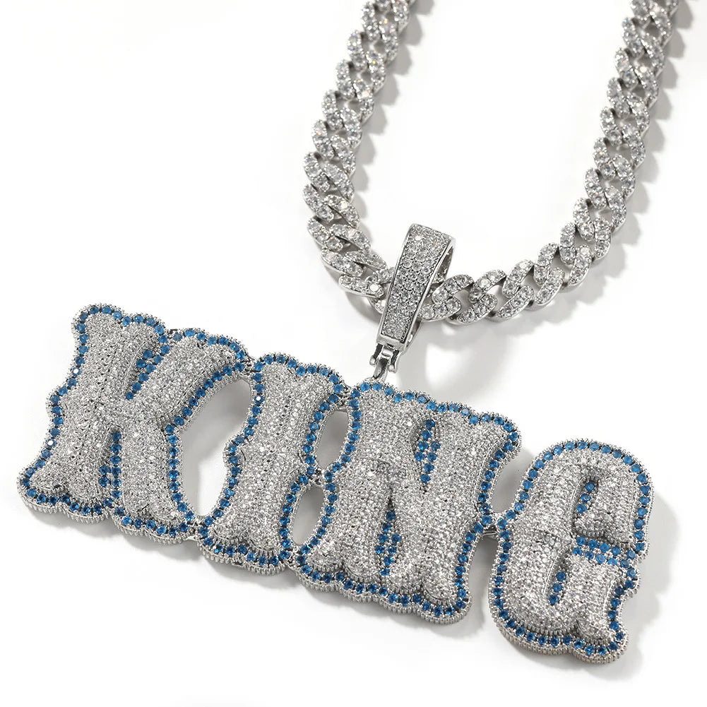Hip Hop Colorful Cz Diamond Personalized Custom Bubble Victorian Style Letter Nameplate Pendant Necklace With Cuban Chain