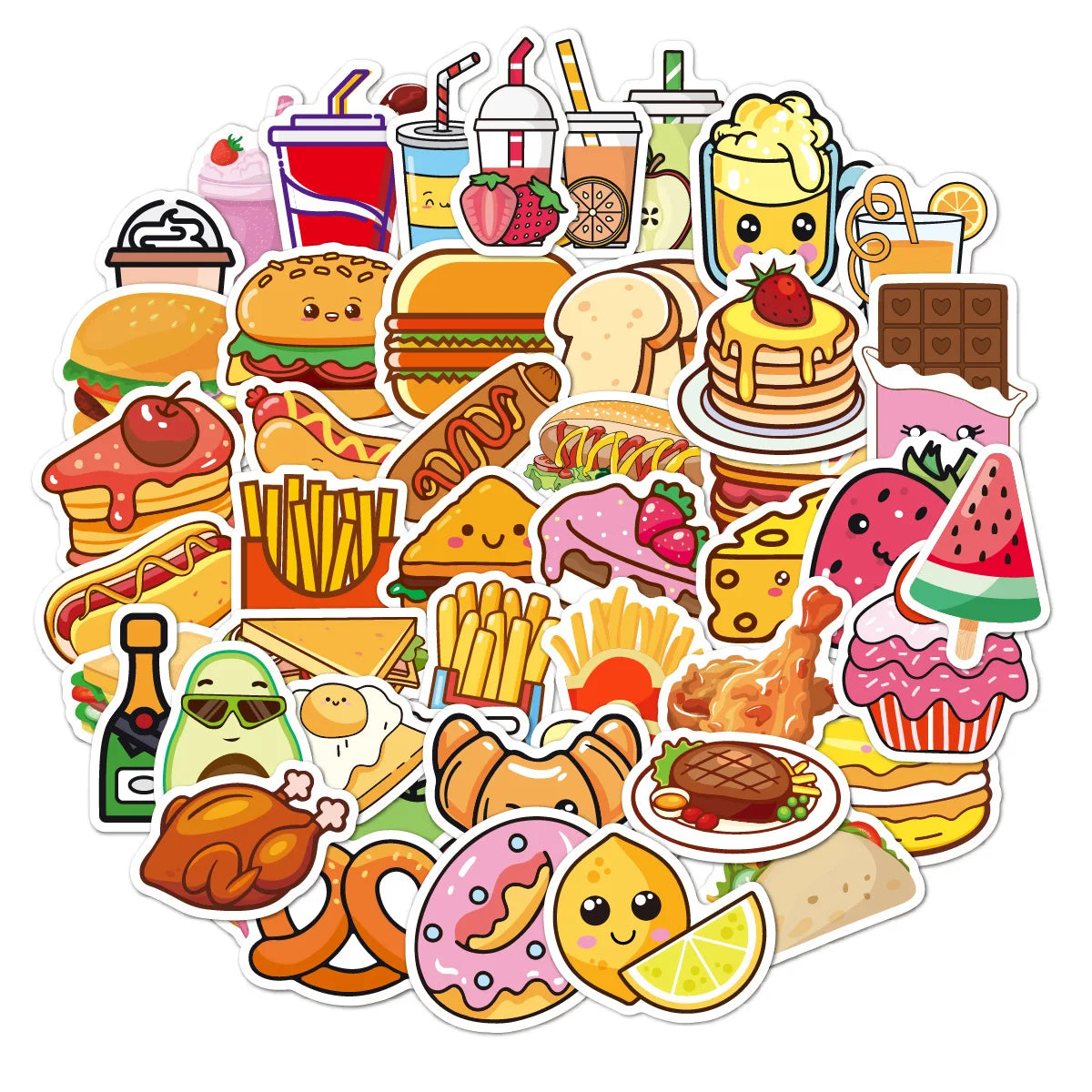 Wholesale 50 Pcs Adhesive Food Stickers Pack Colorful Waterproof Vinyl Custom Logo Stickers for Kids Gift & Craft