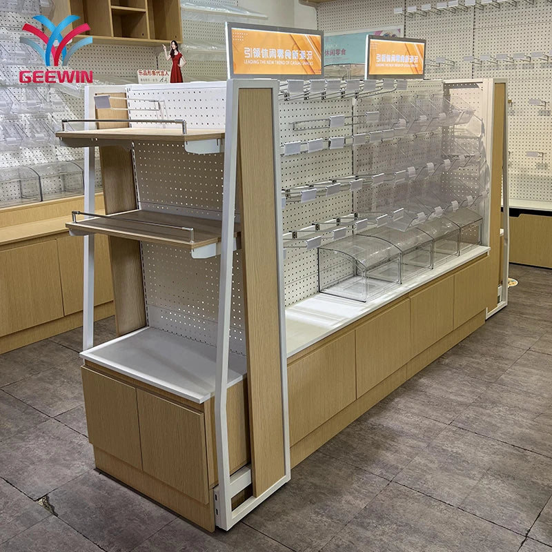 Food Display Rack Supermarket Shelf Display Rack for Grocery Store Wood Mix Metal Frame Display Shelving