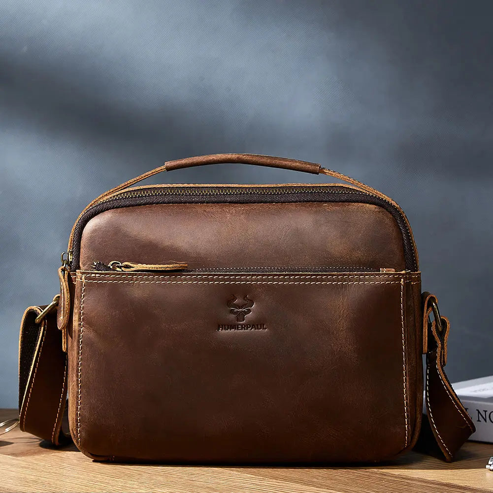 HUMERPAUL Business Men's Shoulder Bags Handmade Genuine Leather Single Crossbody Bag for Ipad Retro Messenger Satchel Bag