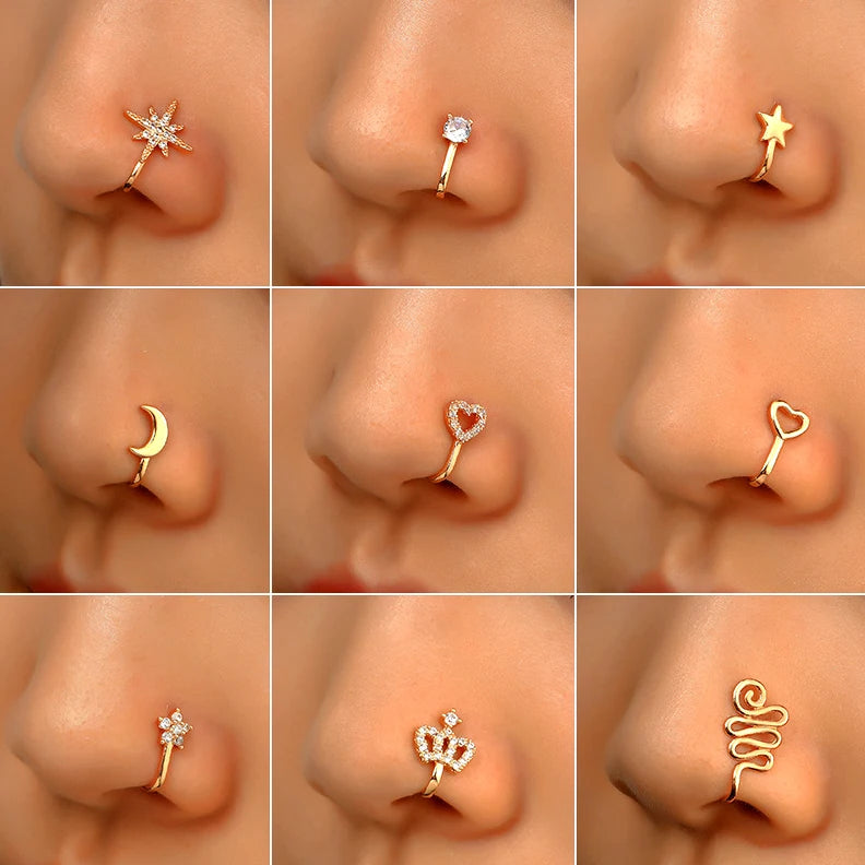 16 Styles Wholesale Bulk Gold Silver Plated Copper Zircon Heart Crown Moon Star U Shape Fake Non Piercing Nose Rings for Woman