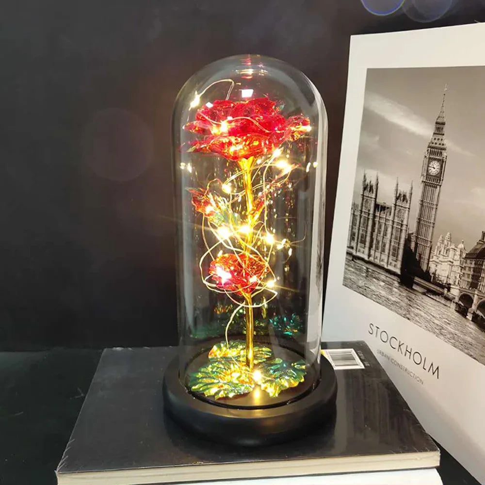 LO-013 Valentine's Day Gift Set for Wife or Girlfriend 24K Gold Galaxy Rose Flower LED Light Glass Dome Wholesale