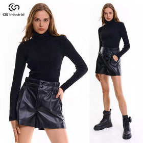 Custom Ladies Turtleneck Sweater Black Color Merino Cashmere Knit Rib Casual Style with Front Logo