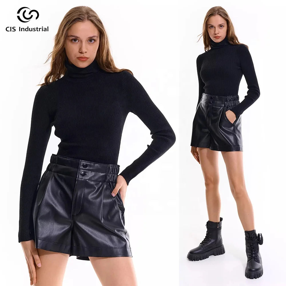 Custom Ladies Turtleneck Sweater Black Color Merino Cashmere Knit Rib Casual Style with Front Logo