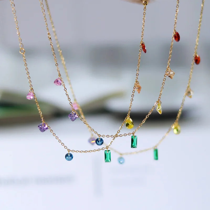 Fashion Rainbow Zircon Link Chain Choker Stainless Steel Turkish Gold Plated Emerald Green Necklace for Girls