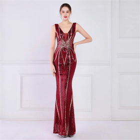 19025# Positioning Flower Bead Piece Banquet Elegant Long Sleeveless Sequin Fishtail Dress Slimmer