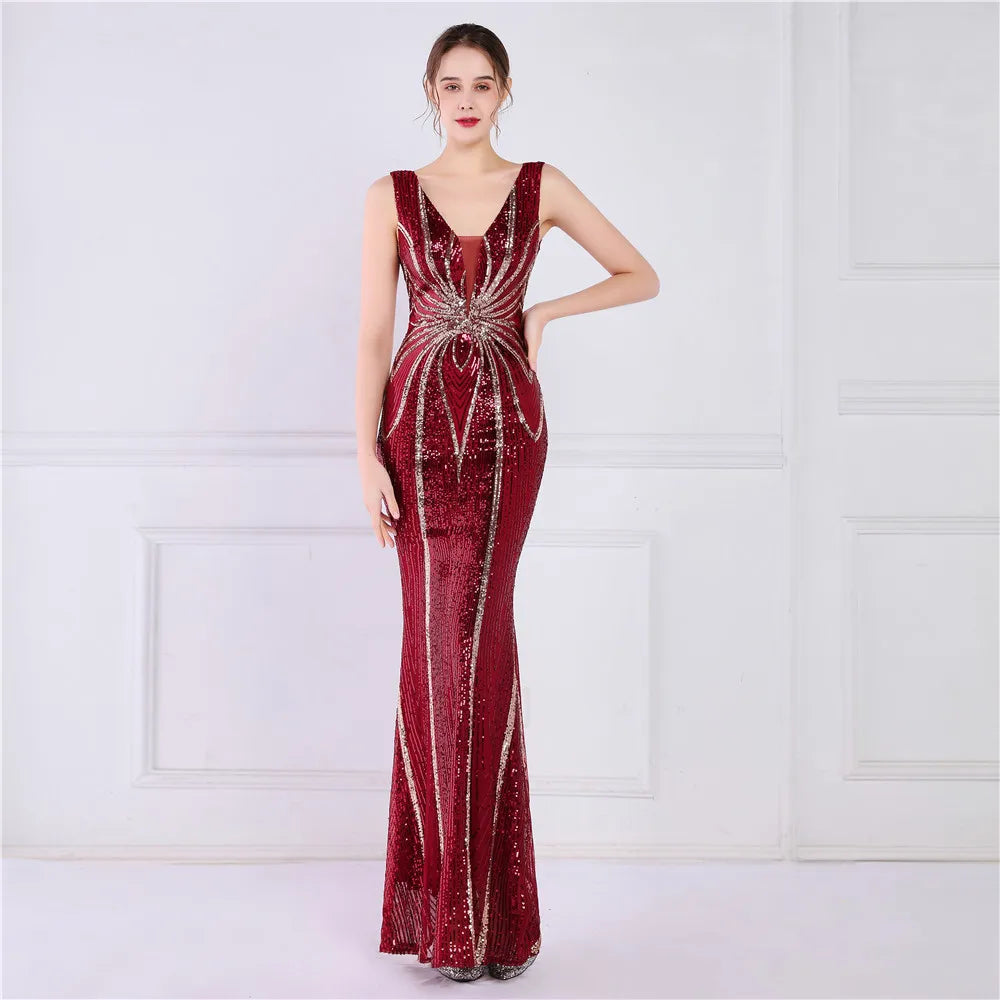 19025# Positioning Flower Bead Piece Banquet Elegant Long Sleeveless Sequin Fishtail Dress Slimmer