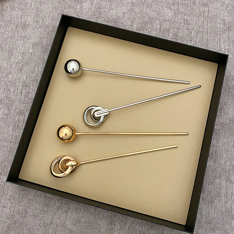 Korean Simple Gold Metal Ball Circular Hair Sticks Hollow Long Thin Hairpin for Women Party Vacation Jewelry