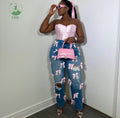 Women's Clothing Pink Bow Jean Pants Fashion Christmas Button High Waist Casual Demin Pants&Tourse Winter Fall Clothes for Women
